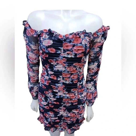 Lulu’s  Navy Blue Floral Ruching Mini Dress Size Large - Picture 3 of 10